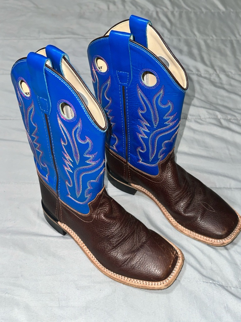 Old West Boys Big Kid Sz 5 Embroidered Cowboy Boots Western BrownBlue Square Toe - Picture 2 of 14
